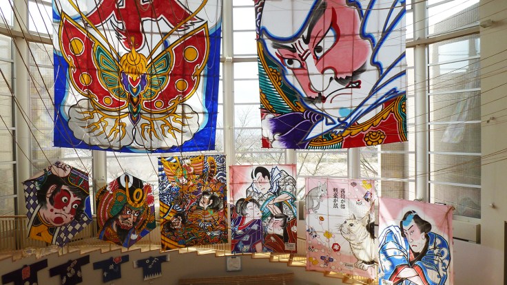 Fighting Kite Museum,  children's kites below the large ones.  Photo and permission Su Grierson