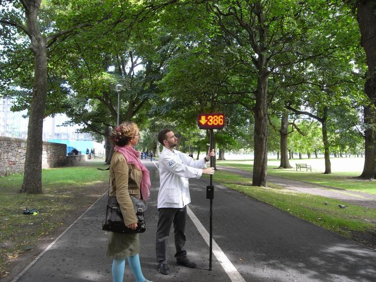Dave Young, Carbon Catcher, and Sam Clark, artist and contributor to Spirited discussion 4, in the Meadows.  Photo CO2 Edenburgh.