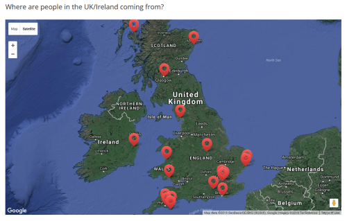 Map showing where people are coming from across UK and Ireland- there is also a statement on environmental impact.